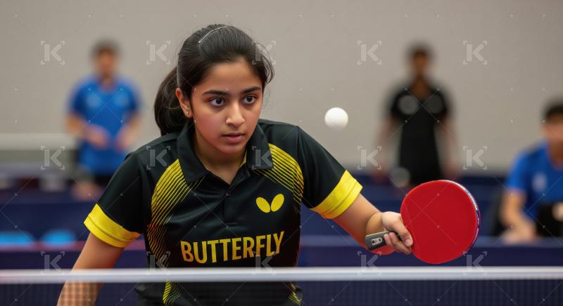 Young Female Table Tennis Player's Intense Focus on Ball
