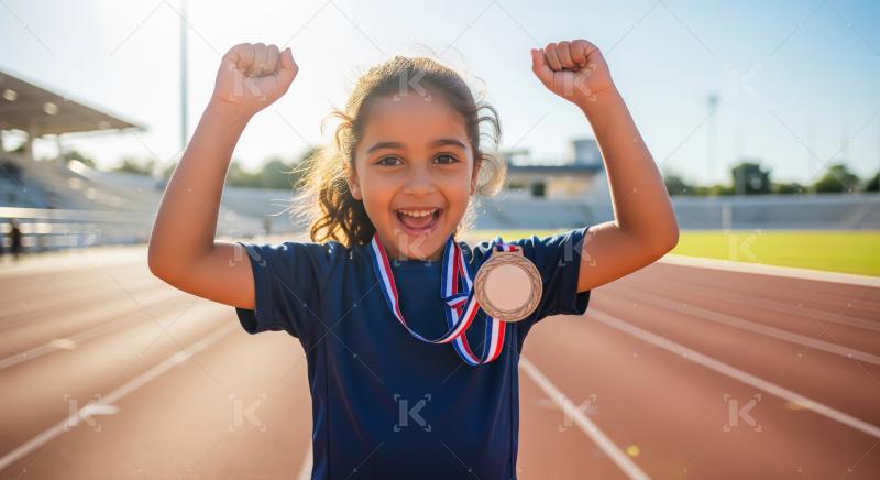 Joyful young girl celebrates victory with medal on track.