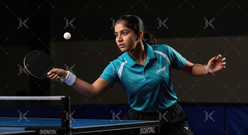 Young woman playing table tennis with focus and intensity