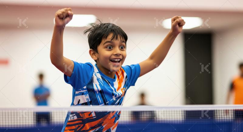 Young Boy Celebrating Table Tennis Victory with Joyful Expressio