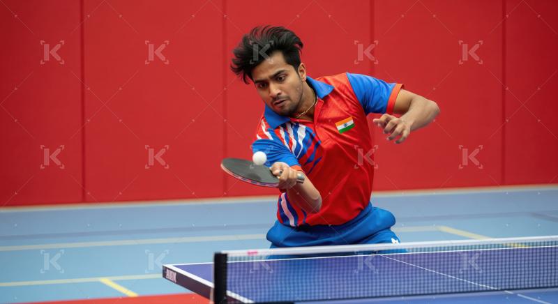 Dynamic Indian table tennis player striking ball during game