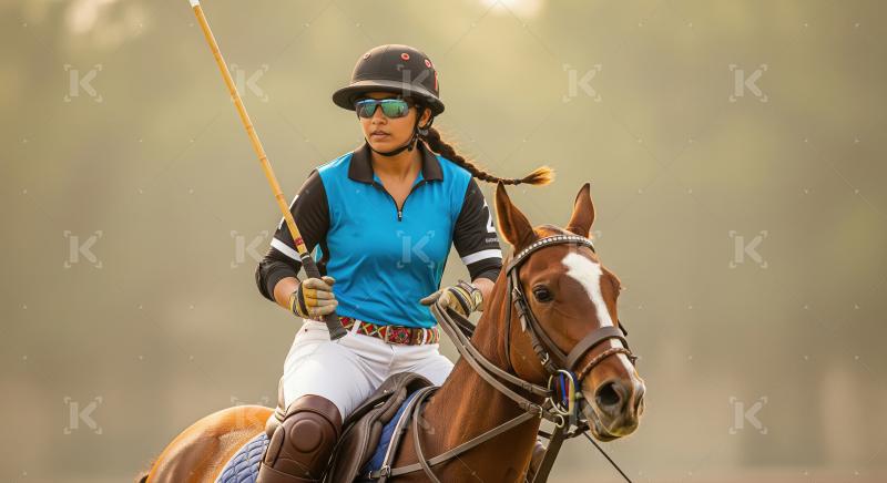 Focused Woman Polo Player on Horseback Holding Mallet