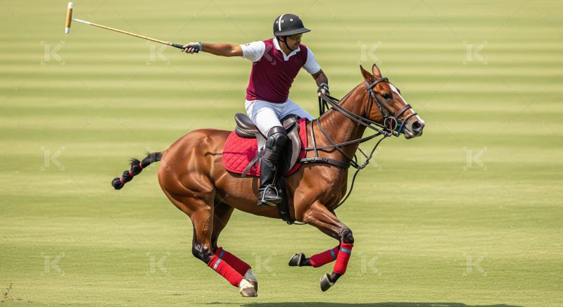 Dynamic Polo Player Galloping on Green Field with Mallet Extende