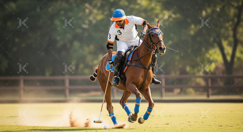 Polo Player Galloping on Horseback, Hitting Ball on Sunny Field