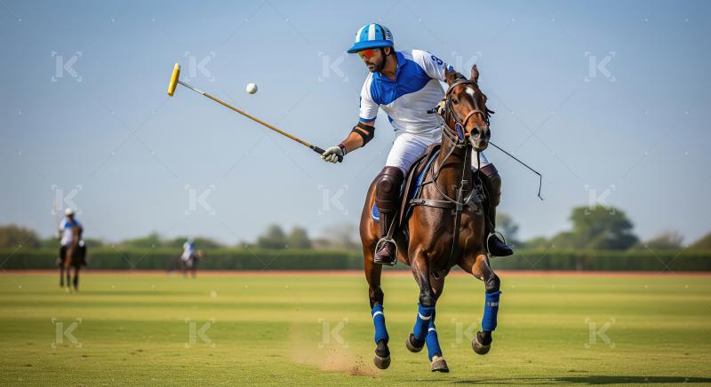Polo Player Striking Ball on Horseback During Fast-Paced Match