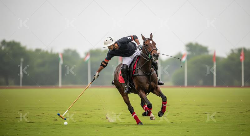 Intense Polo Match Action with Horse and Player Striking Ball