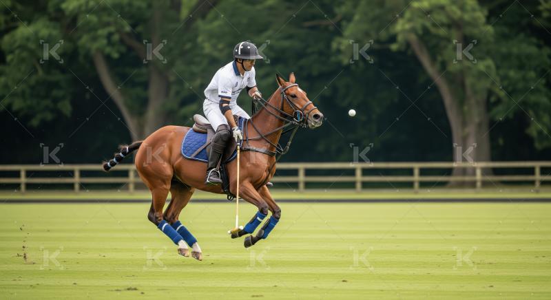 Polo Player on Galloping Horse Striking Ball in Action