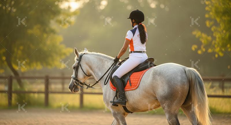 Female Equestrian Rider on Grey Horse in Golden Hour Sunlight