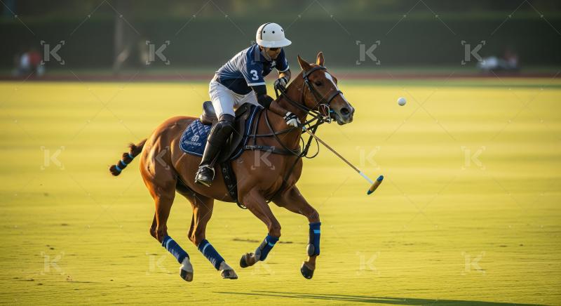 Polo Player on Horse Galloping, Striking Ball with Mallet