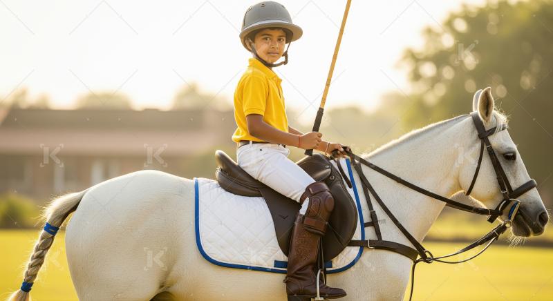 Young Indian Boy Riding White Polo Horse at Golden Hour