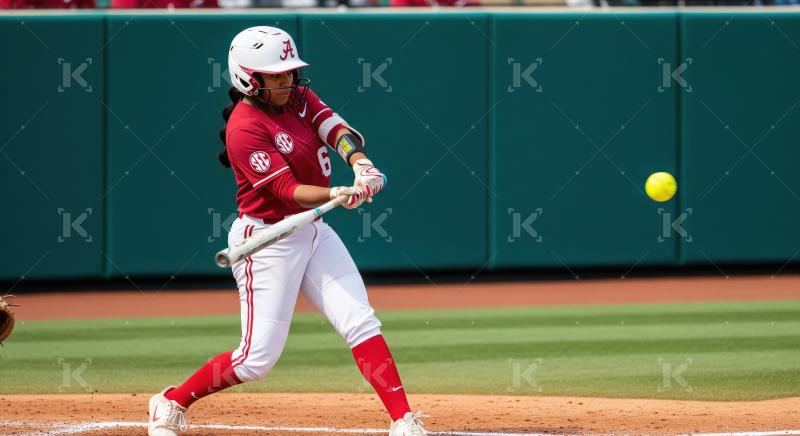 Female Softball Player Hits Yellow Ball During Collegiate Game