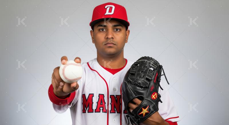 Baseball Player Posing with Ball and Glove Studio Shot