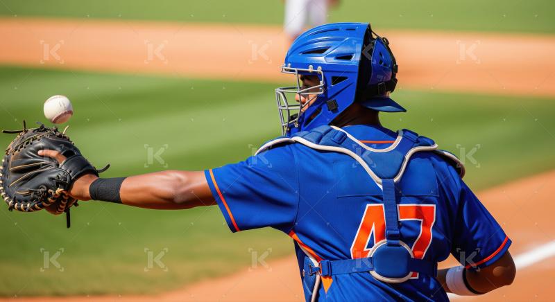 Catcher in blue uniform ready to catch baseball