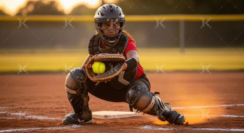 Focused Female Softball Catcher Ready on the Field