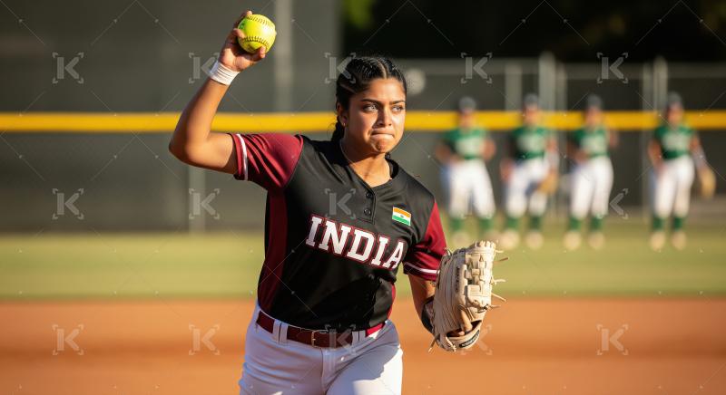 Indian Female Softball Pitcher Preparing to Throw Ball