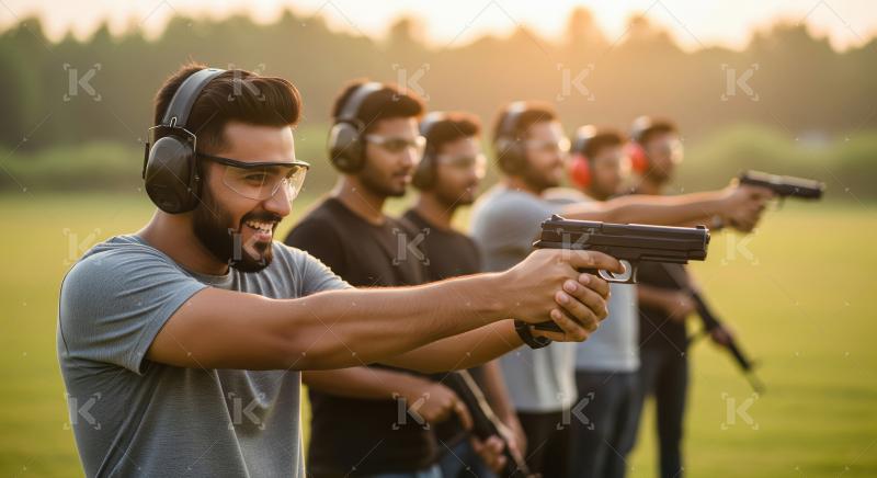 Men Training Handgun Shooting at Outdoor Range During Sunset