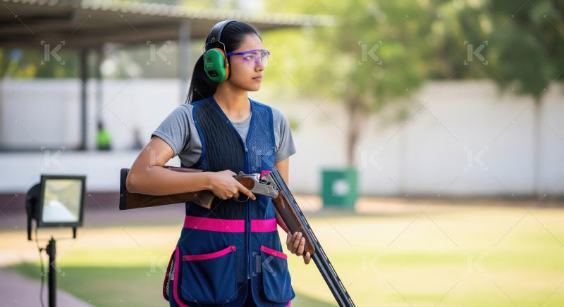 Focused Young Woman Training with Shotgun at Range