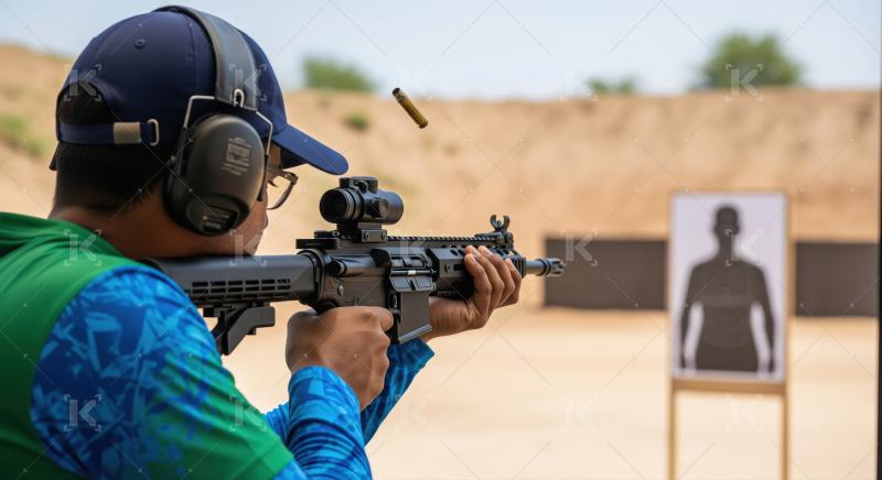 Shooter at outdoor range firing rifle, spent casing airborne.