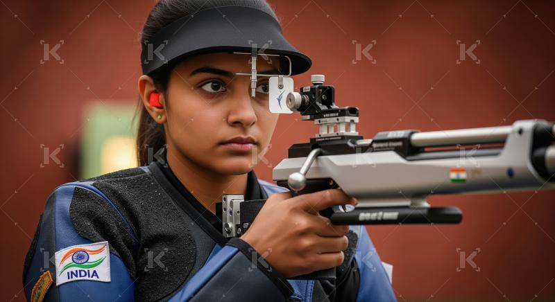Focused Indian Female Athlete Aiming Air Rifle in Shooting Compe