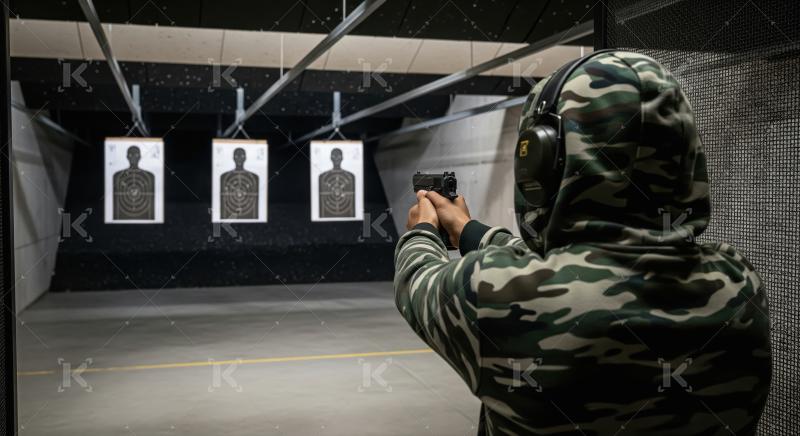 Shooter Aims Pistol at Targets in Indoor Gun Range
