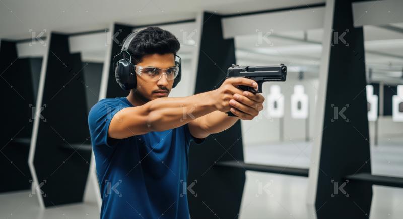 Young Man Aiming Pistol at Indoor Shooting Range