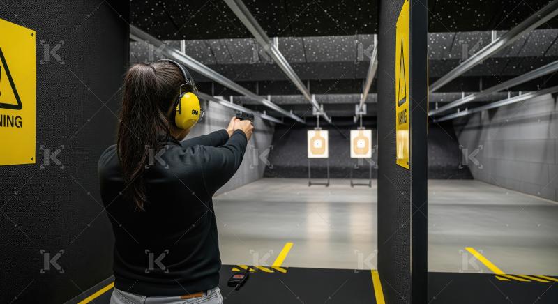 Woman Practicing Target Shooting with Handgun at Indoor Range