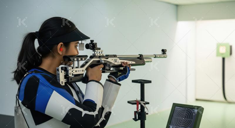 Female Athlete Focused on Air Rifle Shooting Competition