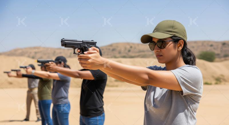 Woman training with pistol at outdoor shooting range with group