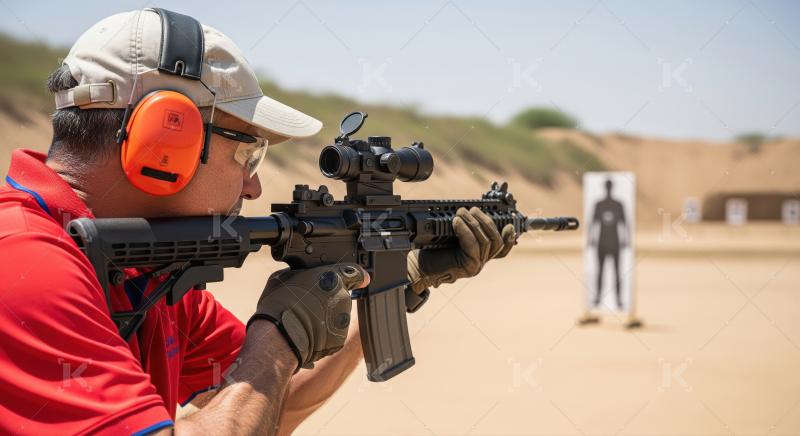 Man aiming AR-15 rifle at outdoor shooting range target