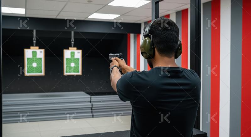 Man aiming pistol at targets in indoor shooting range