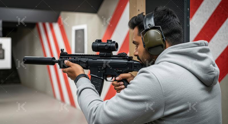 Man at Indoor Shooting Range Aiming Rifle with Silencer