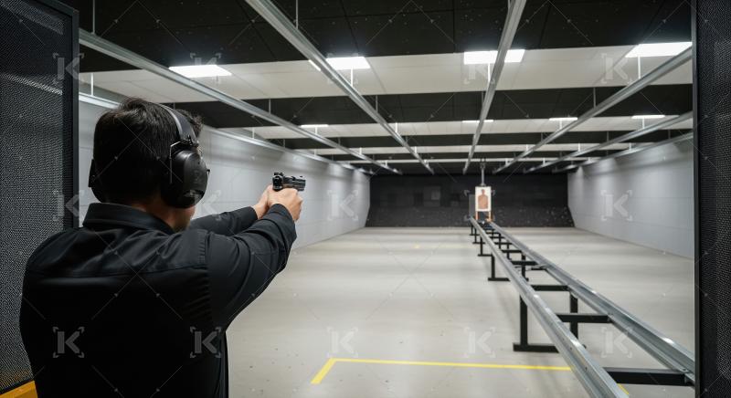 Man Training with Pistol at Modern Indoor Shooting Range