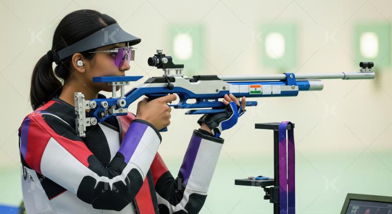 Focused Indian Female Athlete Aims Air Rifle in Competition