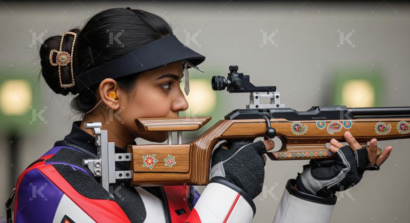 Focused Female Athlete with Decorated Rifle in Shooting Competit