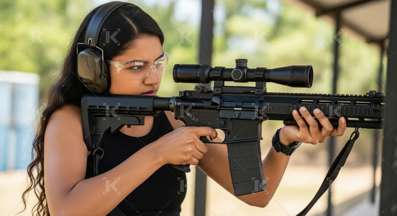 Focused woman targets with a rifle at an outdoor range