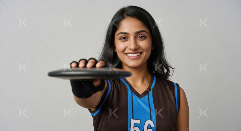 Young Indian Woman Athlete Smiling Holding Frisbee