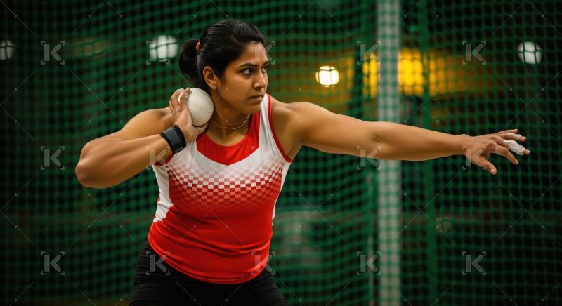 Focused Female Shot Putter Preparing to Throw Indoors
