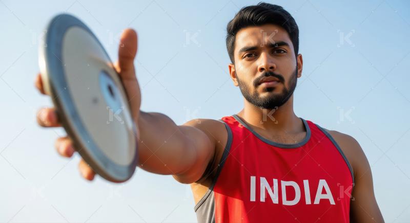 Young Indian Athlete Posing with Discus Against Blue Sky