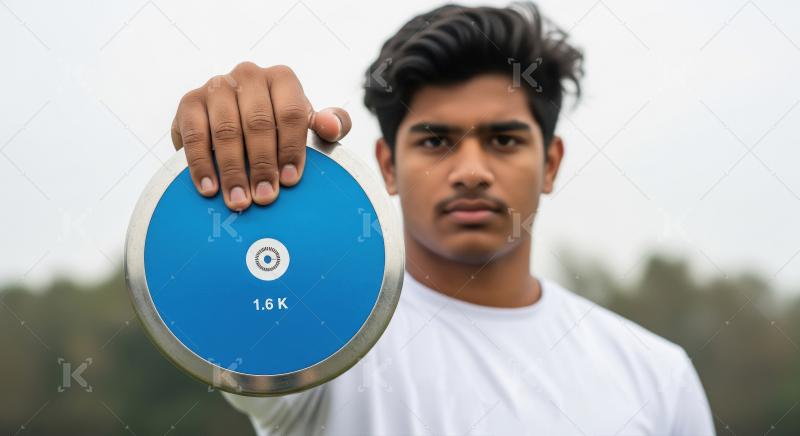 Focused athlete showcasing a blue discus for track sport
