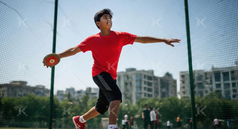 Young Boy Practices Discus Throw with Focus and Determination