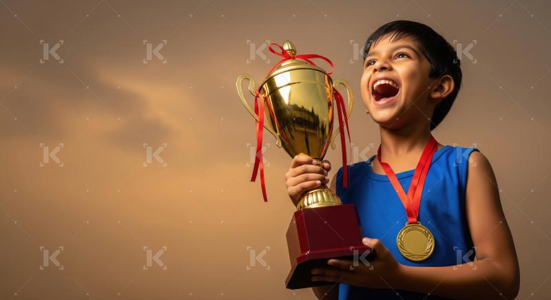 Young Boy Joyfully Displays Trophy and Medal