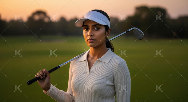 Confident Young Woman Golfer Posing at Sunset on Course