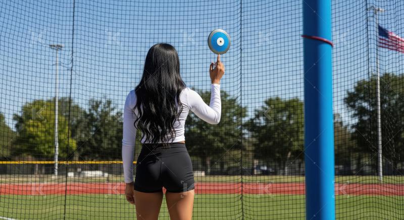 Female athlete spinning discus on finger at track field