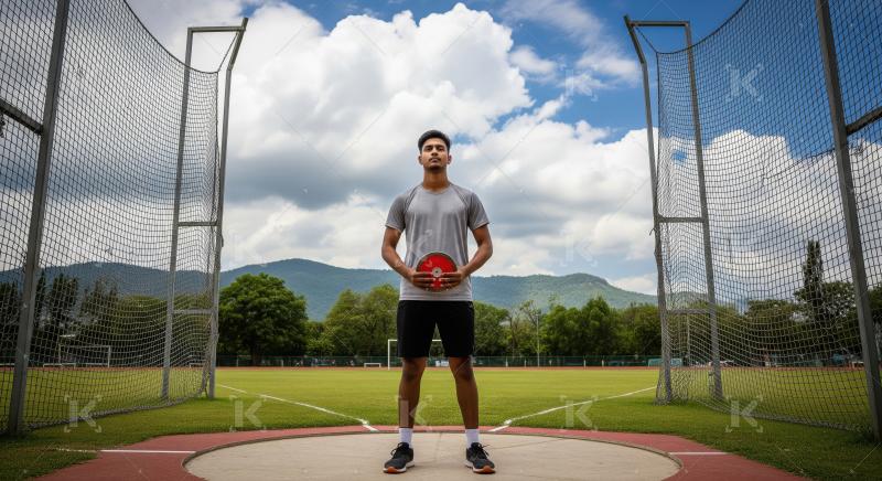 Young Athlete Holding Discus on Track and Field Stadium
