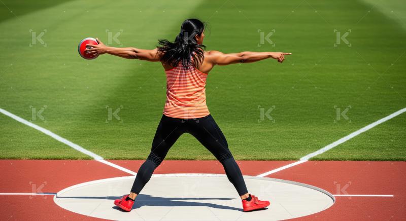 Female Discus Thrower Poised for Powerful Throw on Sunny Track