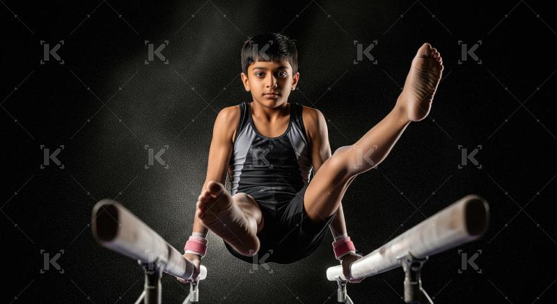 Young Gymnast Boy Performs L-Sit on Parallel Bars
