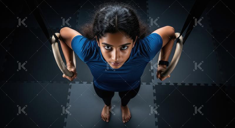 Determined Young Woman Training on Gymnastics Rings in Gym