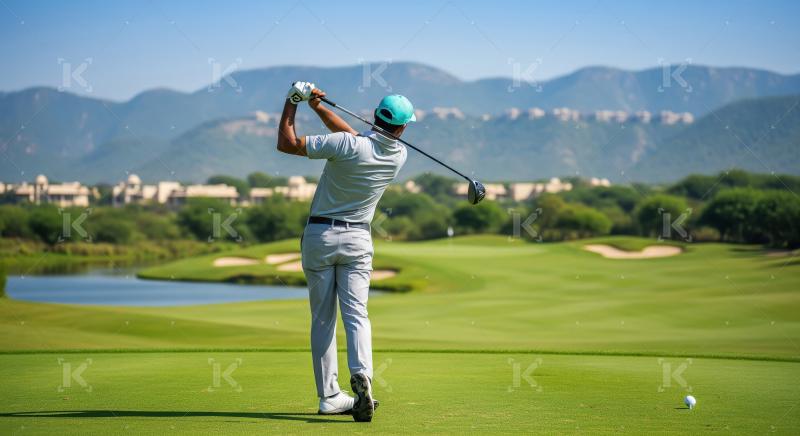 Golfer teeing off on a beautiful mountain golf course