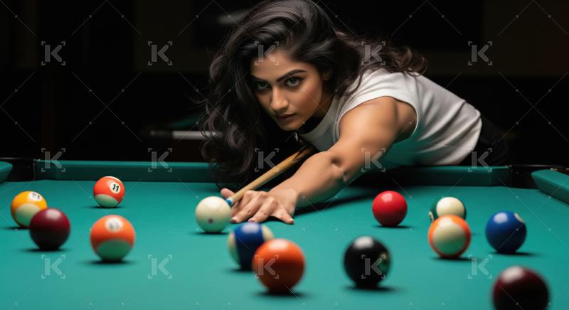 Focused Woman Playing Billiards on a Vibrant Green Pool Table