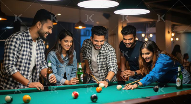 Friends Playing Billiards, Laughing and Enjoying Drinks Together